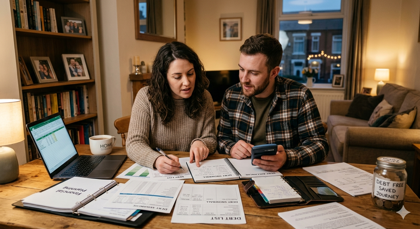 Calculator, bills and budget notes showing a debt repayment plan